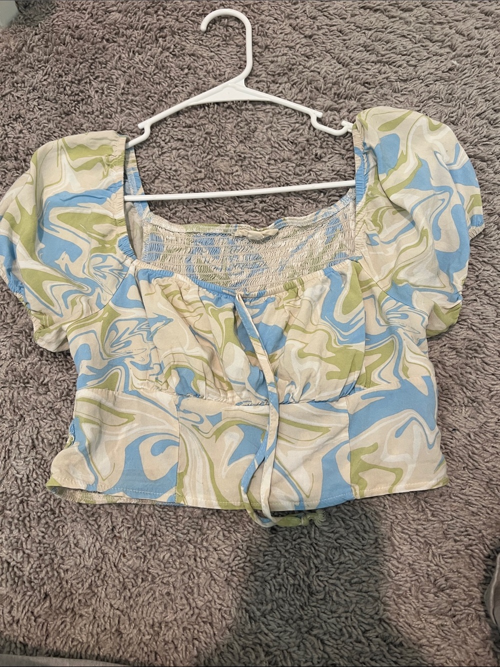 La Hearts Blue, Green & Cream Swirl Smocked Puff Sleeve Crop Top